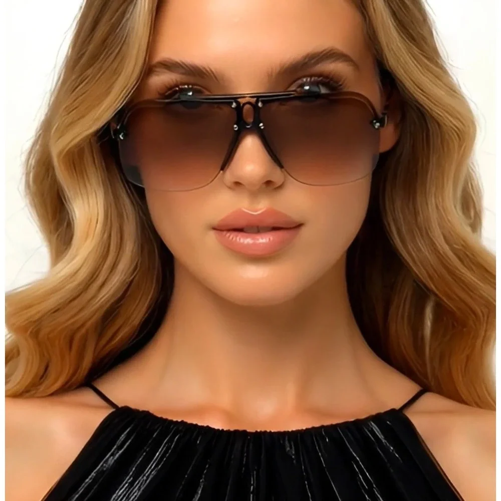 Women Sunglasses Square Frameless Retro Brown Lens Classy Luxury‎ Shades Lentes